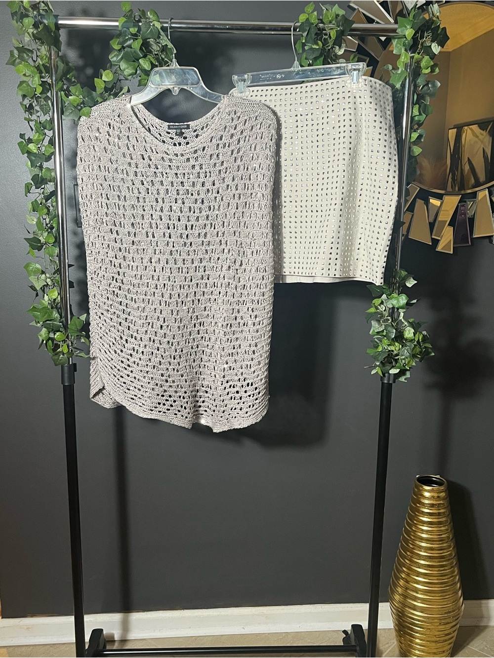 Eileen Fisher Open-Knit Crewneck Sweater and NWT Embellished Skirt in Cream
